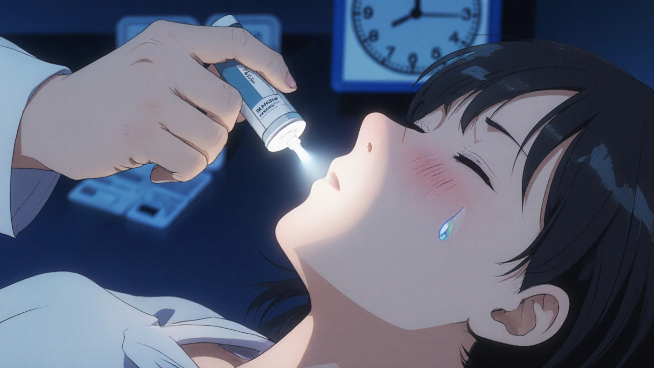 Mädchen sprüht Naloxon-Nasenspray in die Nase einer bewusstlosen Person.