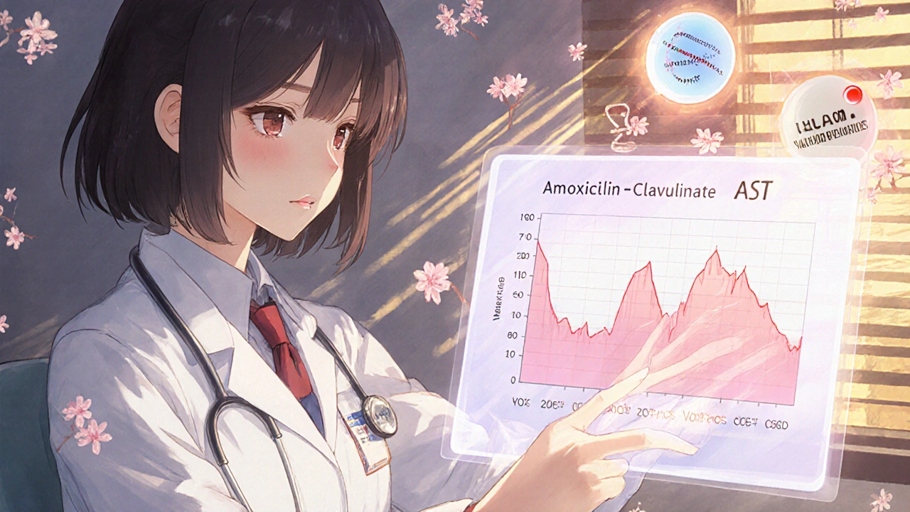 Medizinstudentin betrachtet bluttest-Daten mit ansteigenden Leberwerten und pulsierenden Gen-Symbolen.
