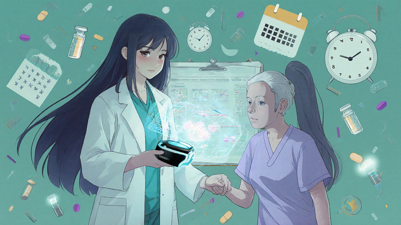 Medizinteam mit holografischem B-Zell-Messer und Patientin, pastellfarbene medizinische Symbole.