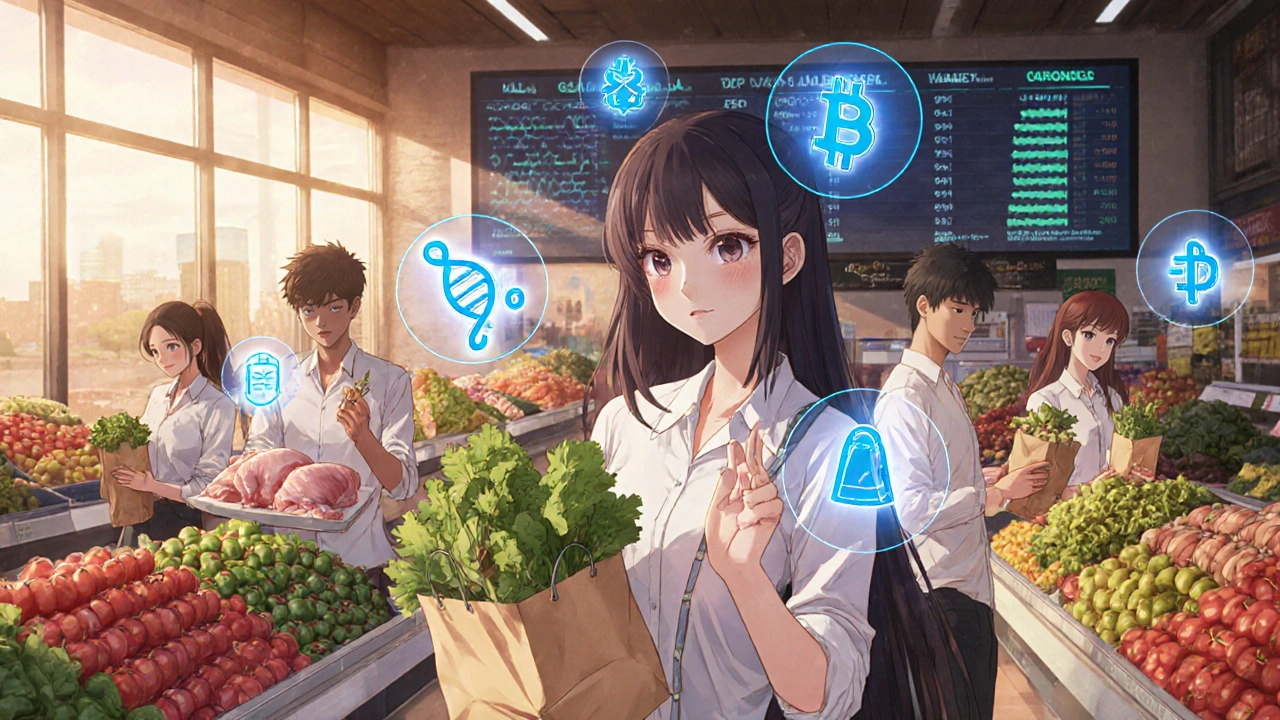 Menschen im Supermarkt mit digitalen Sicherheits-Icons über Lebensmitteln.