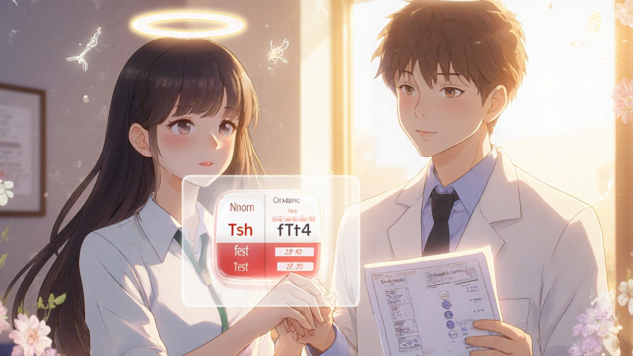 Paar in Arztpraxis, positive Blutwerte als Hologramm, warmes Licht.