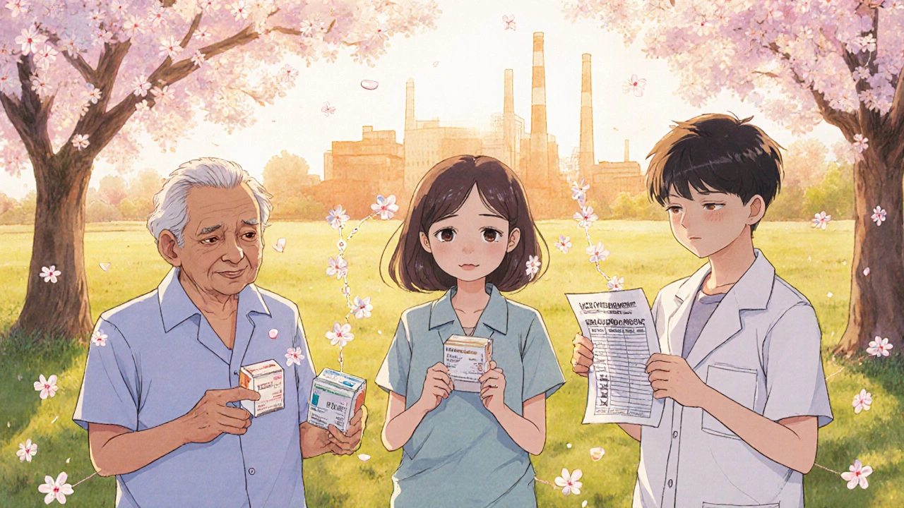 Patienten halten Medikamentenboxen, während unsichtbare Nitrosamin-Ketten zu einer Fabrik führen, im Sonnenuntergang.