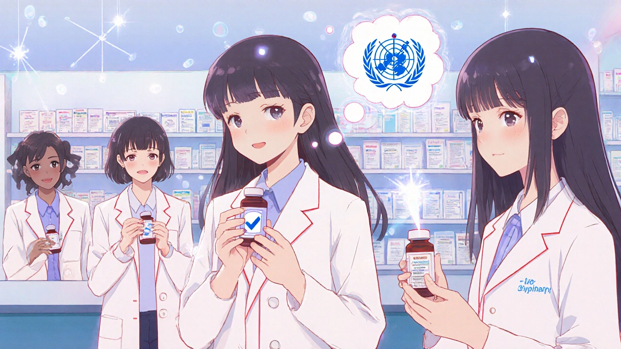 Patienten in Apotheke, Symptome verschwinden symbolisch über Medikamentenflaschen.