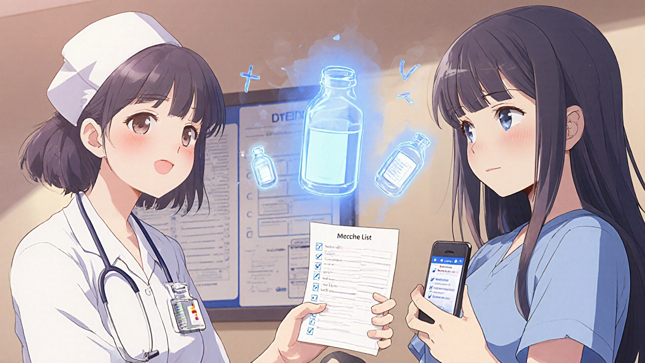 Patientin erhält Entlassungsliste im Krankenhaus, Foto ihrer Medikamentenflaschen in der Hand.