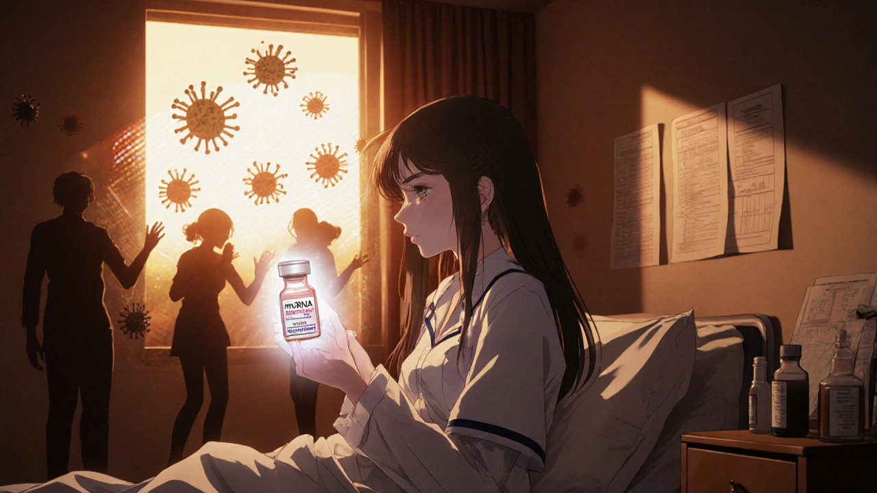 Patientin mit Impfstofffläschchen, schützende T-Zellen-Strahlung, warmes Abendlicht im Zimmer.