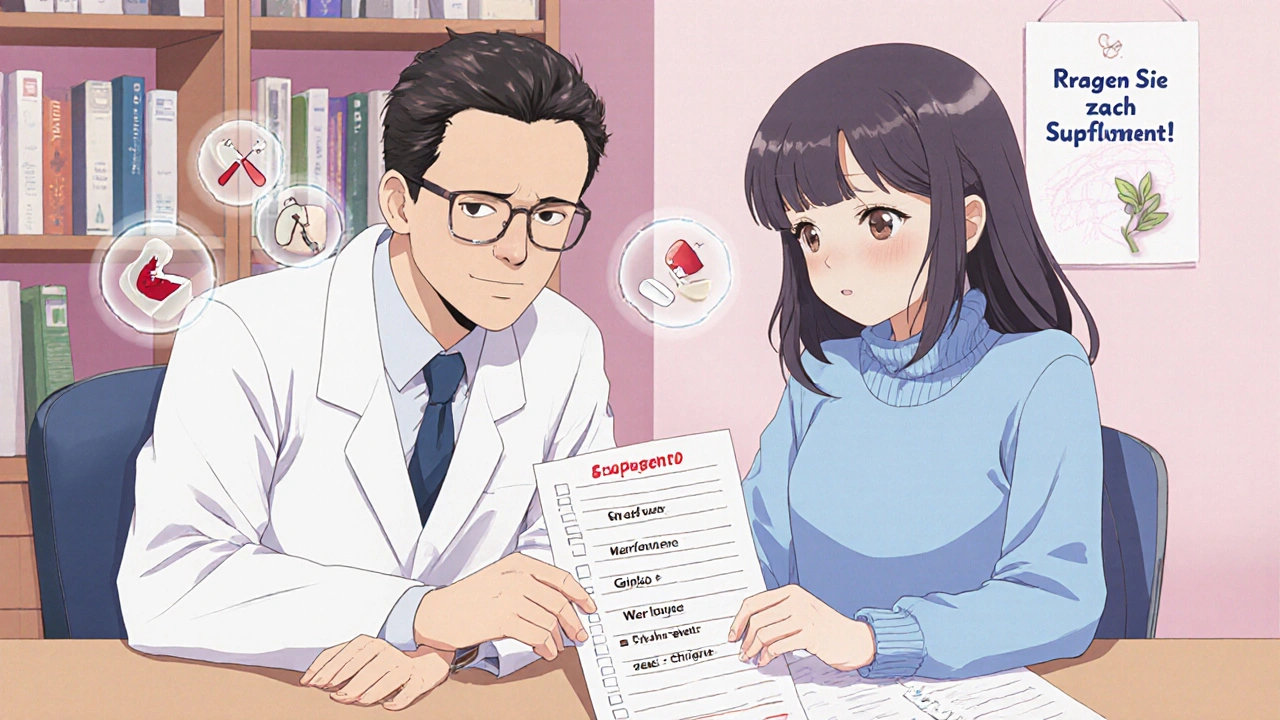 Patientin reicht ihrem Arzt eine Liste mit Ergänzungen, er liest sie aufmerksam.
