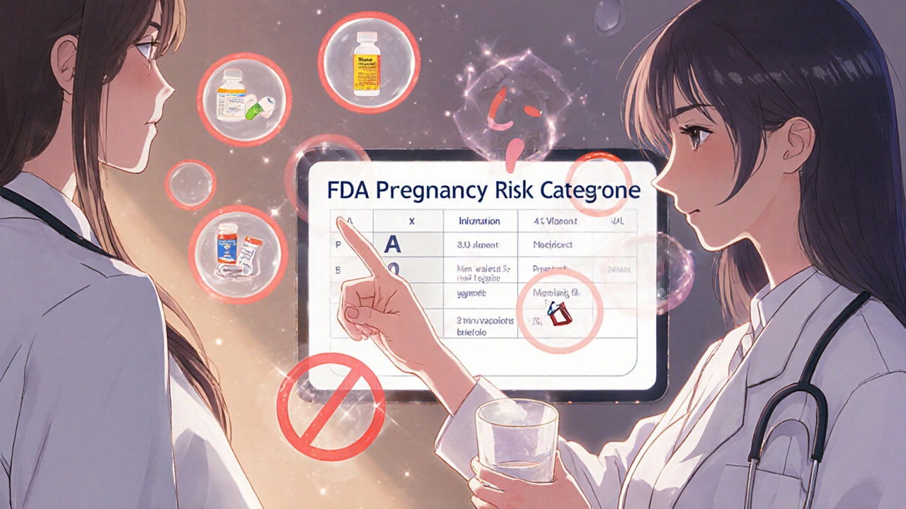 Schwangere Frau mit Ärztin, FDA-Risikokategorien als schwebende Symbole, bishoujo-stil