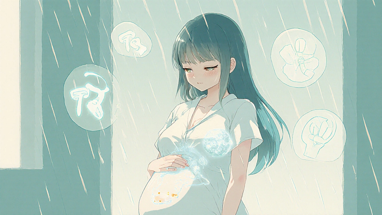 Schwangere Frau mit transparenter Darstellung der Schilddrüse des Babys.