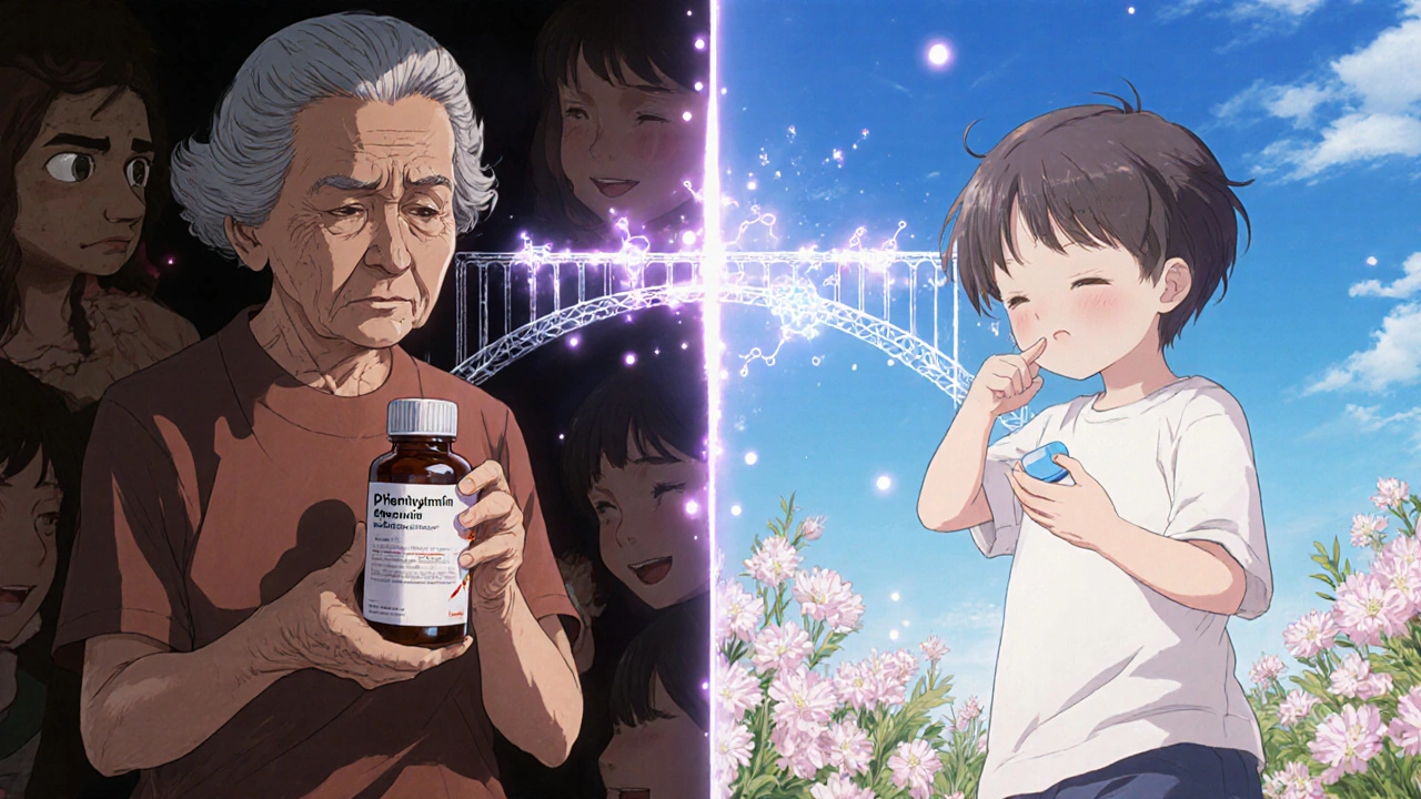 Split-Szene: Ältere Frau mit schläfrigen Schatten vs. Kind mit frischen Blumen und klarem Himmel.