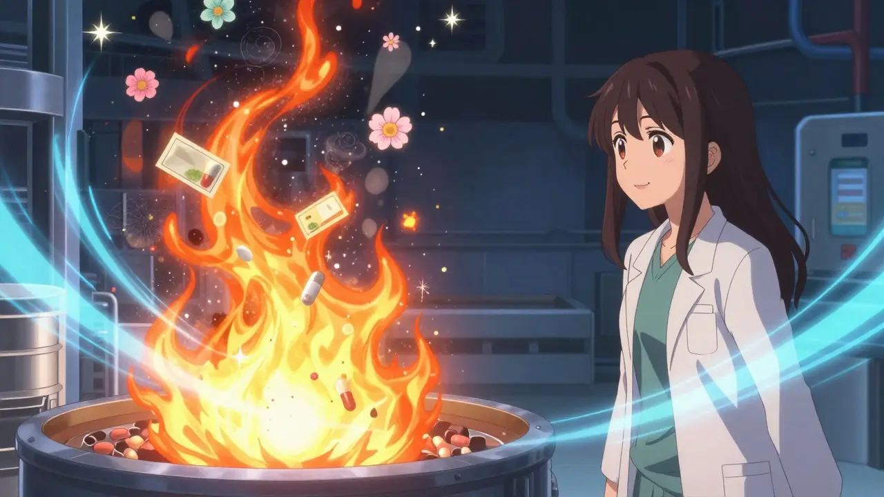 Abgelaufene Medikamente werden sicher verbrannt, verwandeln sich in Blumen.