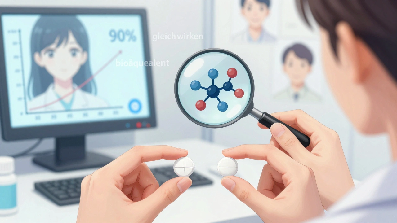 Ärztin legt Generikum und Markenmedikament nebeneinander – identische Wirkstoffe sichtbar.