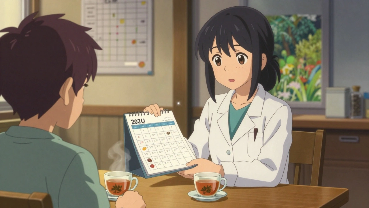 Ärztin und Patientin beraten gemeinsam an einem Tisch mit Kalender und Tee, warme Atmosphäre.