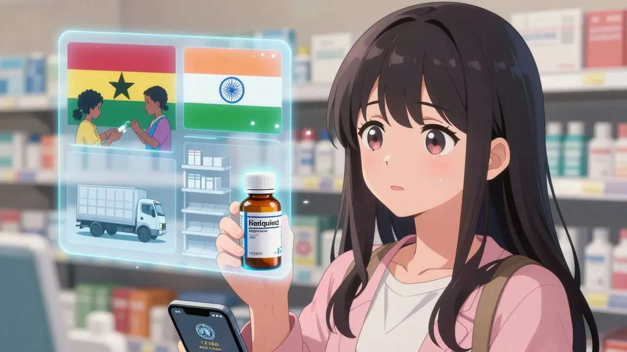 Deutsche Apothekerin hält ein Generikum mit WHO-Zertifikat, während Hologramme aus Ghana, Indien und Nigeria hinter ihr erscheinen.