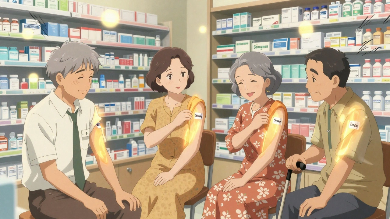 Drei ältere Menschen erhalten gemeinsam die Shingrix-Impfung in der Apotheke, umgeben von Schutzlichtern.