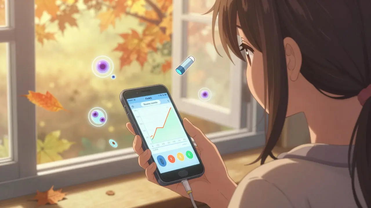 Ein Mädchen beobachtet einen FeNO-Verlauf auf ihrem Smartphone, Sonnenlicht fällt durch das Fenster.