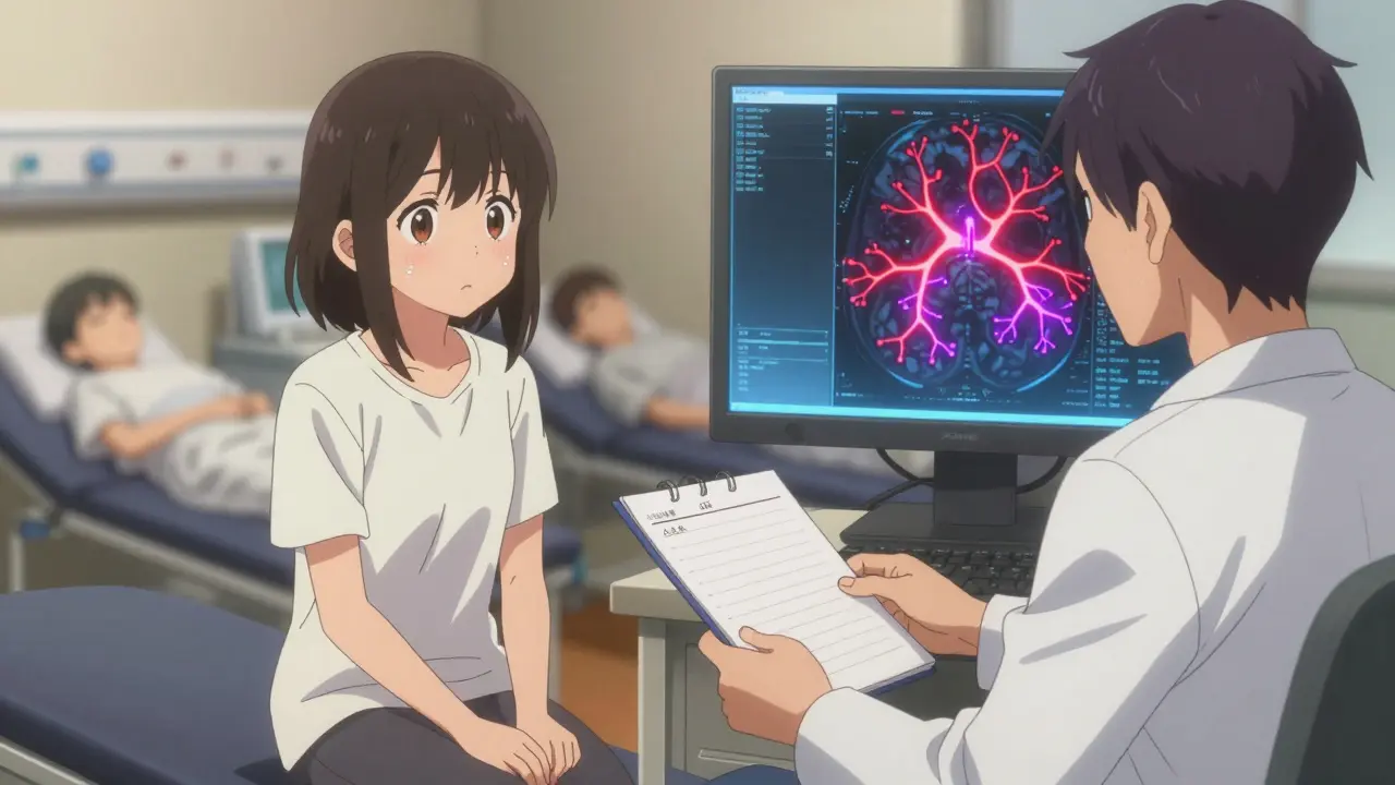 Ein Mädchen sitzt beim Arzt, der eine Gehirn-Scan-Anzeige mit überaktiven Schlafsignalen betrachtet.