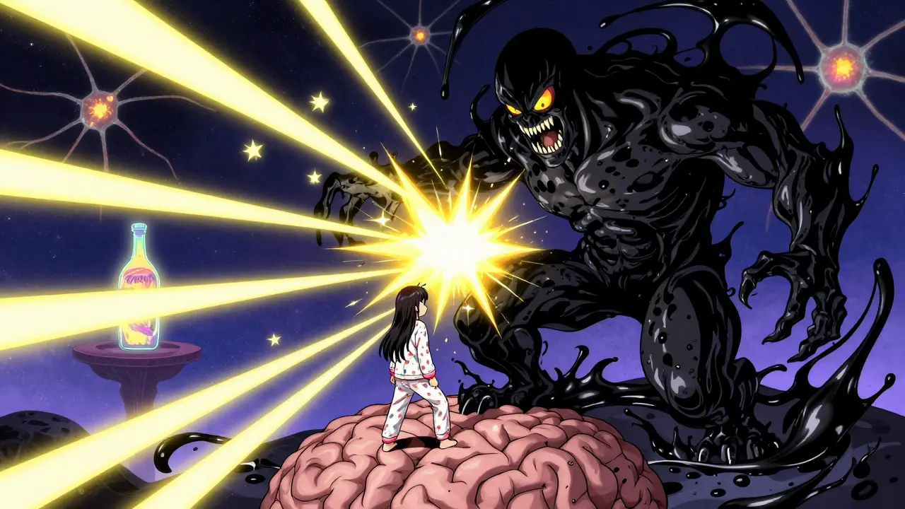 Ein symbolischer Kampf im Gehirn: ein Mädchen kämpft gegen eine dunkle GABA-Kreatur mit goldenen Lichtstrahlen.