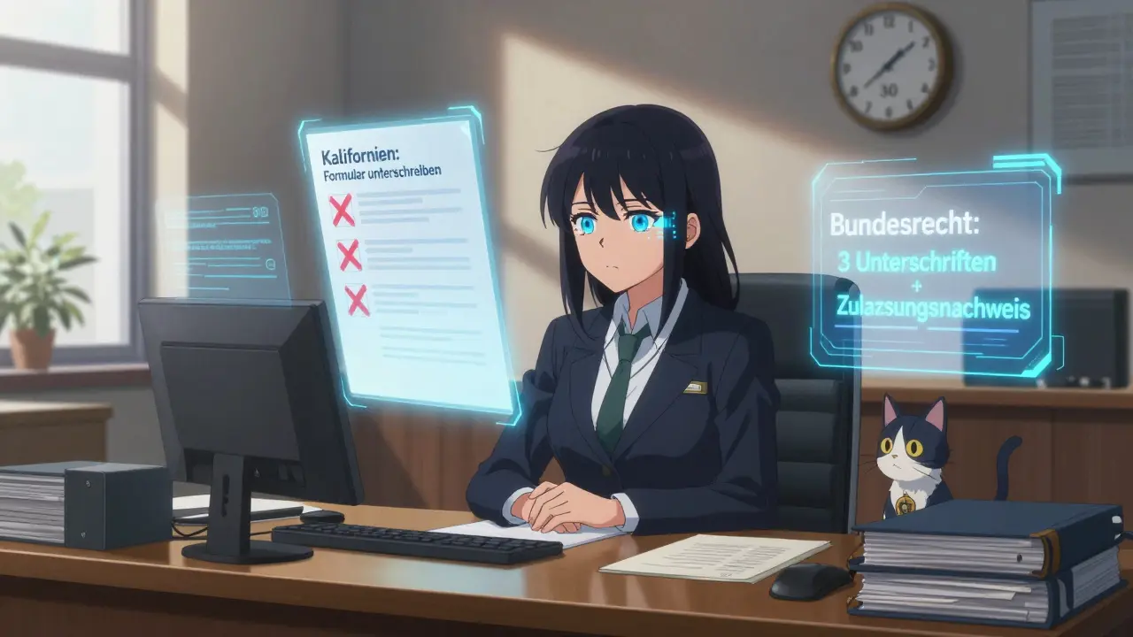 Eine Anwältin arbeitet an einem Schreibtisch, während holographische Regeln zwischen Bundes- und Landesrecht konkurrieren.