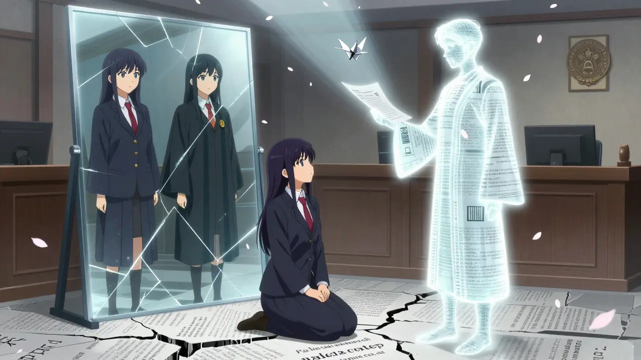 Eine Anwältin vor einem geisterhaften Richter, während ein Papierkranich aus einem abgelehnten Antrag aufsteigt.