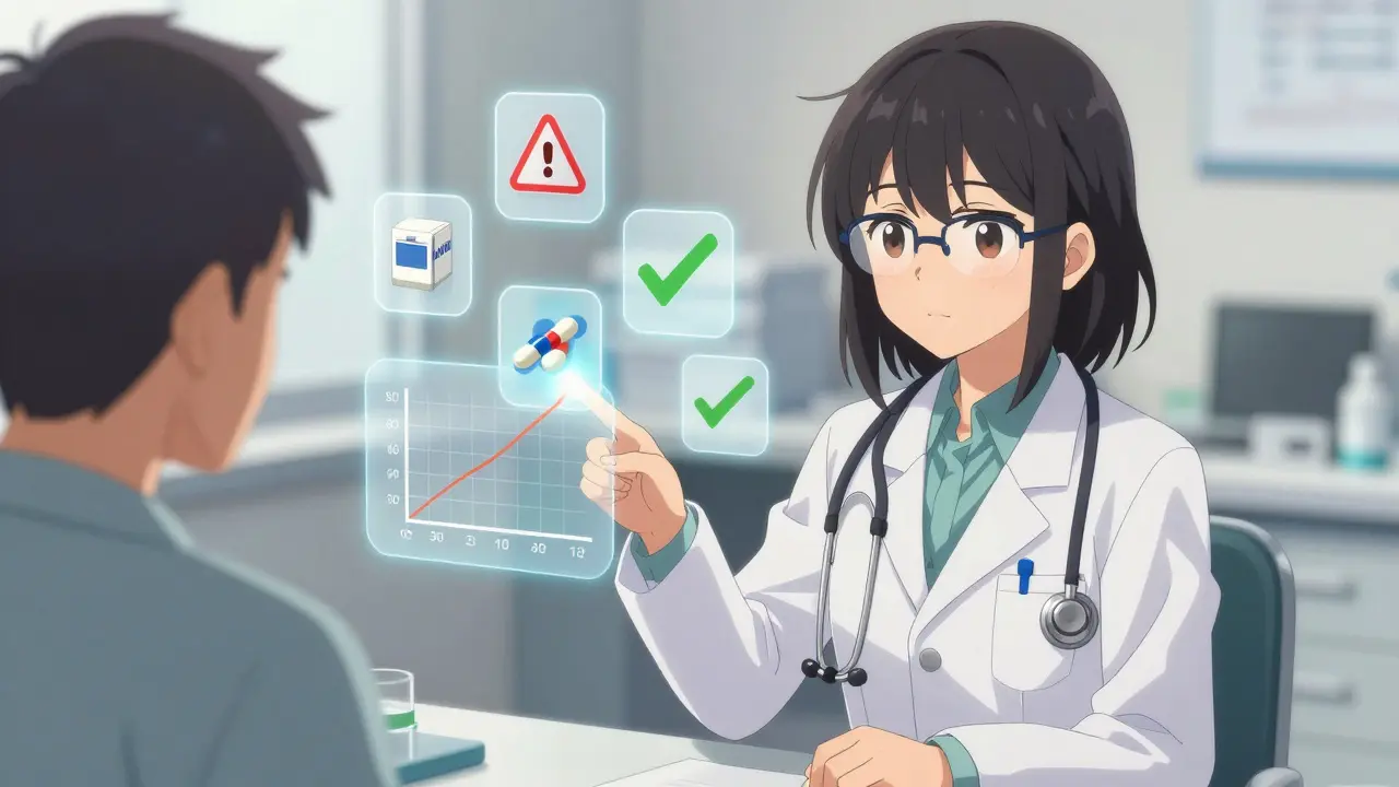 Eine Apothekerin erklärt einem Patienten die Kosteneinsparungen durch Generika an einer digitalen Anzeige.