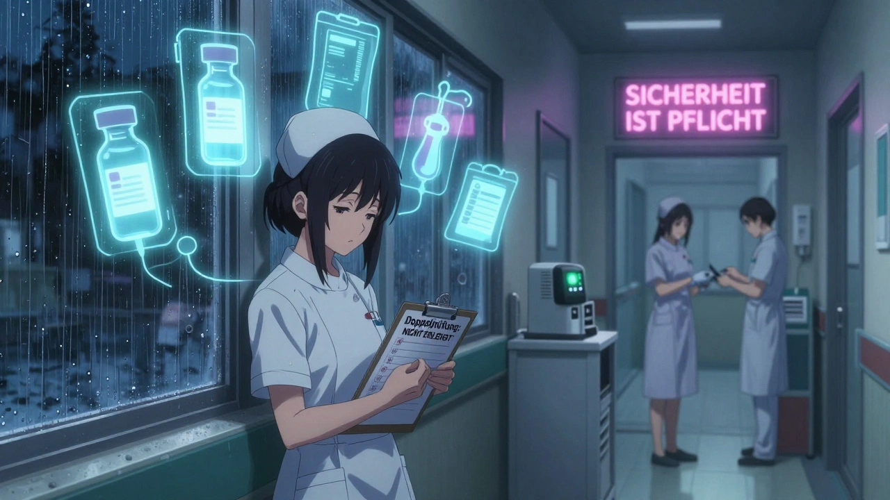 Eine erschöpfte Krankenschwester steht in einem dunklen Flur, während holographische Warnsymbole für gefährliche Medikamente schweben.