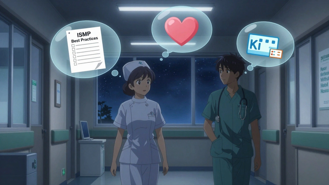 Erfahrene und junge Pflegekräfte gehen gemeinsam durch einen Krankenhausflur, während geistige Symbole der Sicherheitspraktiken über ihnen schweben.