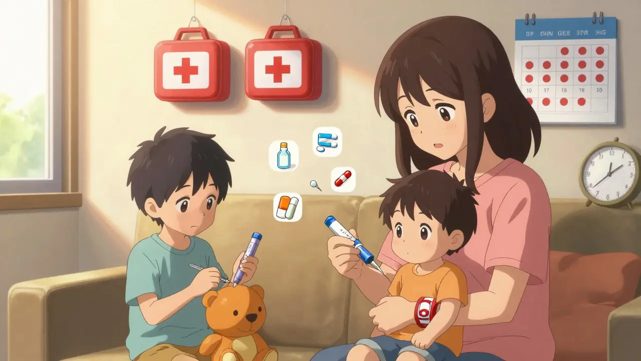 Familie übt mit EpiPen-Trainingsgerät, medizinische Notfallkits an der Wand.