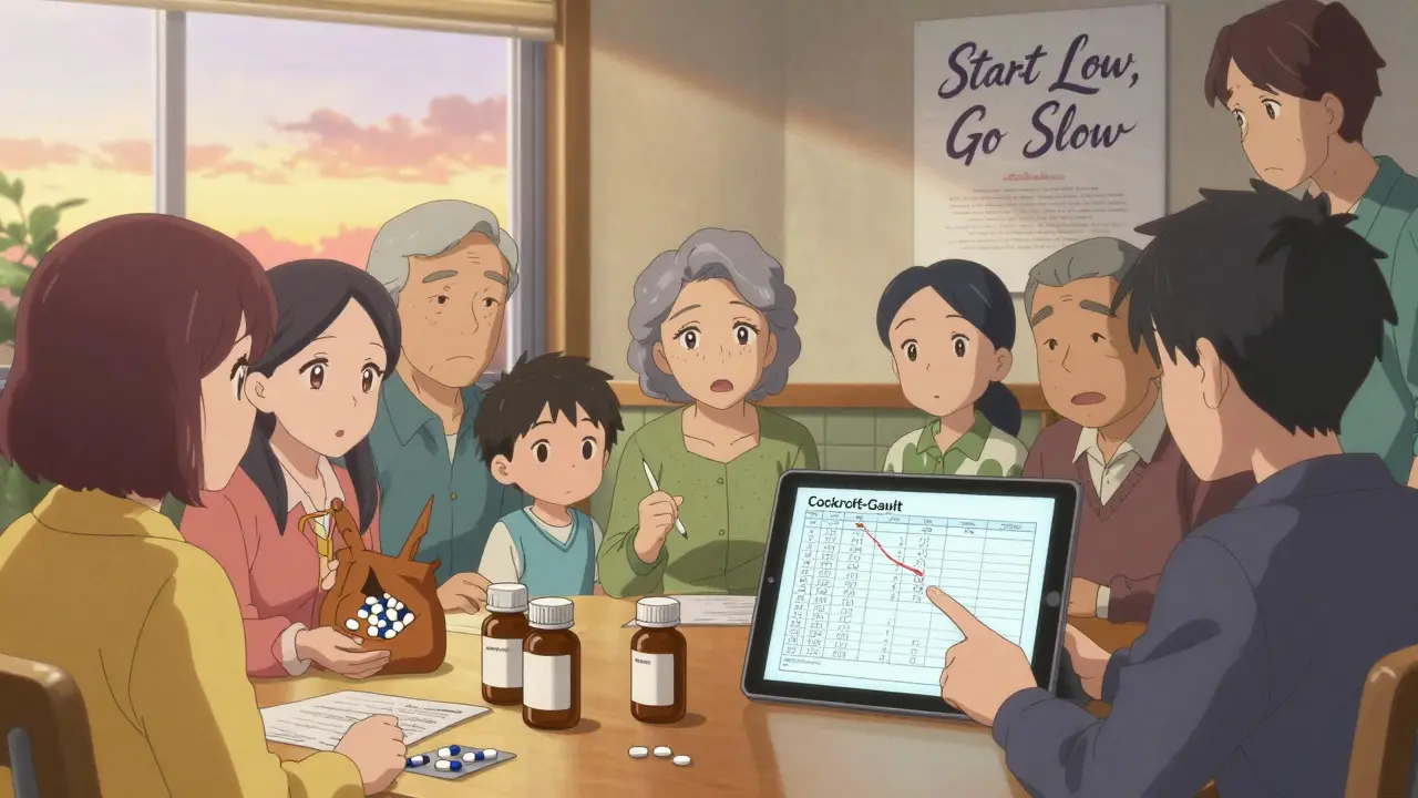 Familie und Senioren besprechen Medikamente an einem Tisch mit Nierenfunktionsdiagramm.