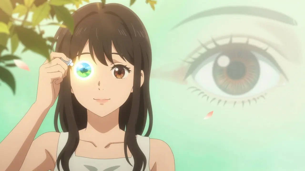 Frau lächelt, Augentropfen werden abgesetzt, gesundes Auge reflektiert klare Landschaft, Risiken verschwinden in Blüten.