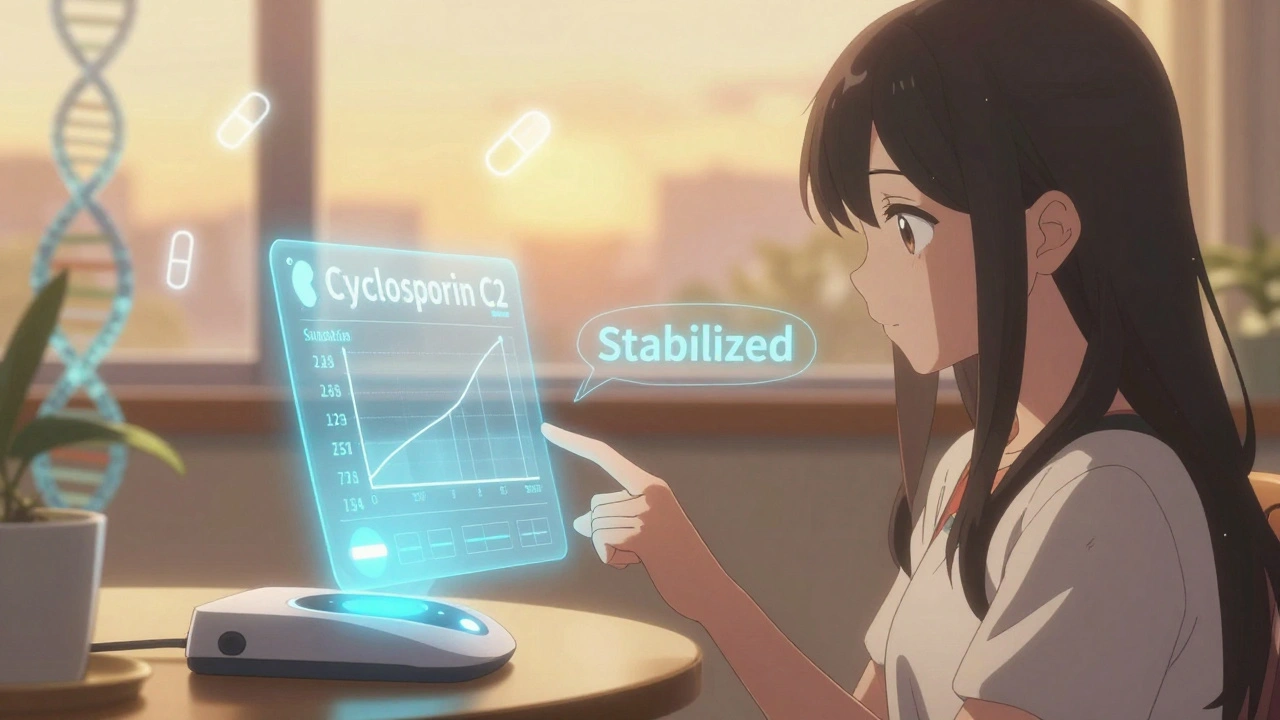 Frau misst ihren Cyclosporin-Spiegel zu Hause mit einem futuristischen Sensor, holographische Gesundheitsdaten schweben um sie.