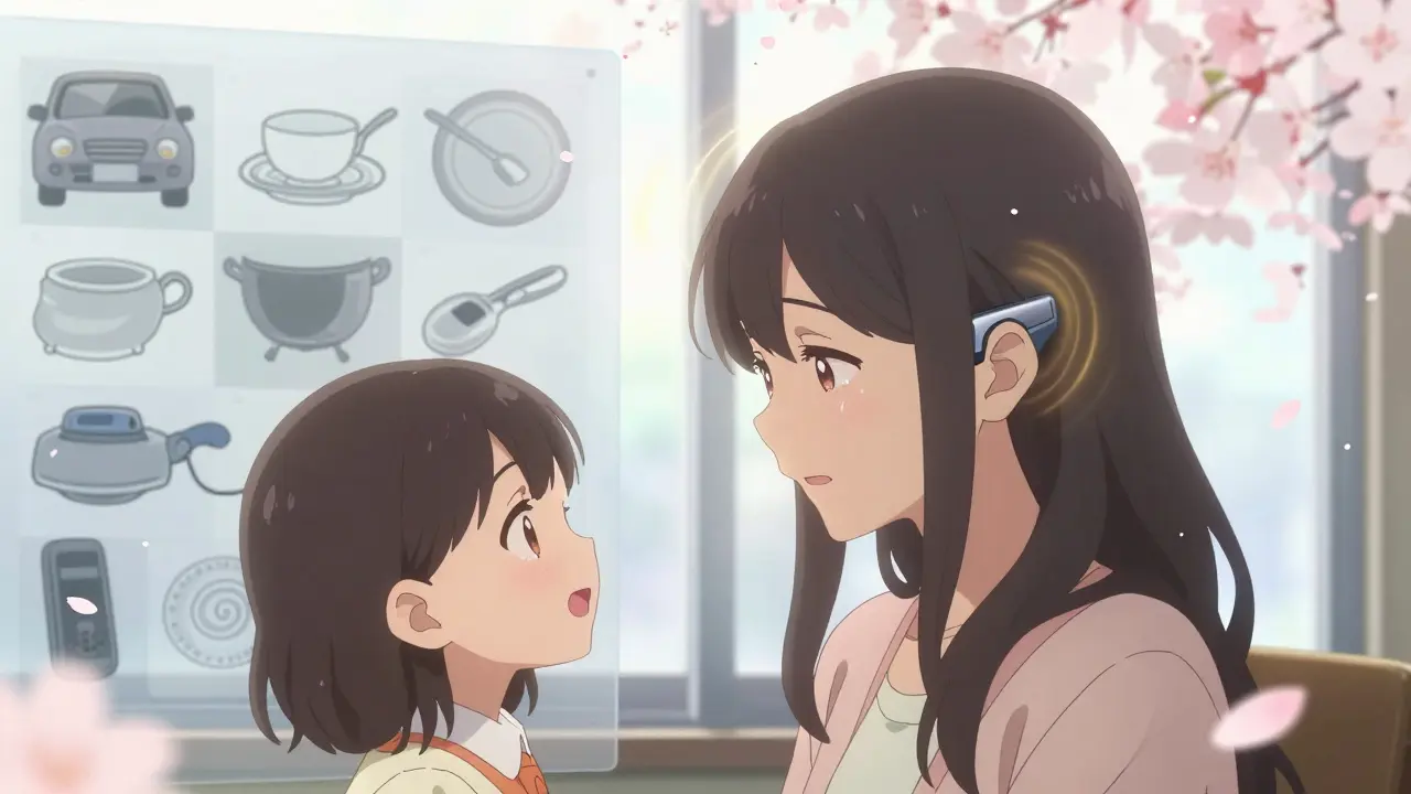 Frau mit Hörgeräten lächelt, während ihre Enkelin lacht – sanfte goldene Wellen und Blütenblätter umgeben sie.