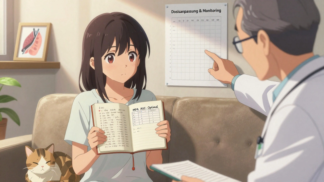 Frau notiert Symptome, Arzt zeigt Monitoring-Chart, Sonnenlicht im Zimmer.