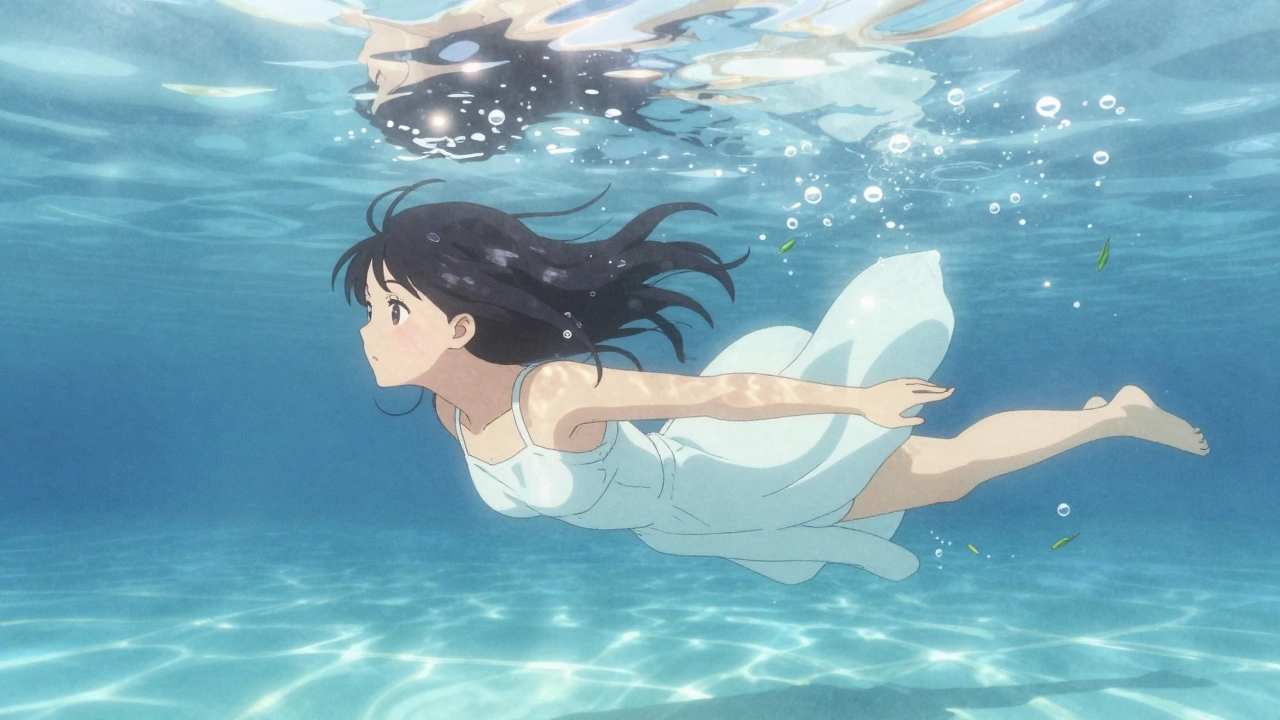 Frau schwimmt unter Wasser, Sonnenlicht bricht durch die Oberfläche, umgeben von Blasen und Pflanzen.