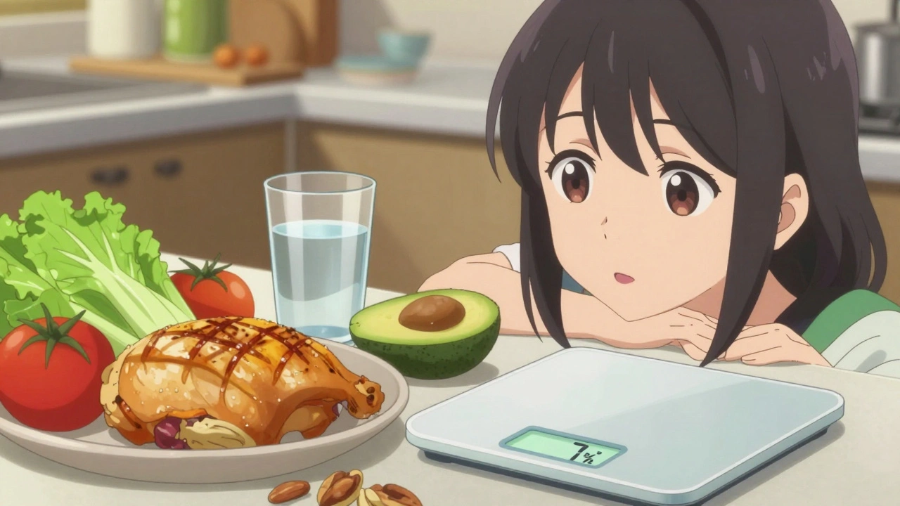 Gesunde Mahlzeit auf der Küchenplatte mit Gemüse, Huhn und Avocado, Waage zeigt 7% Gewichtsverlust.