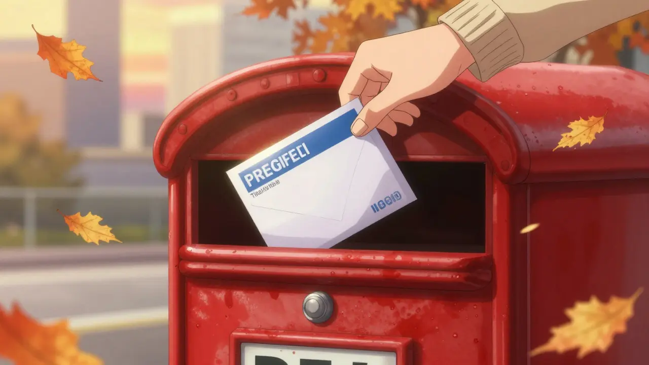 Hand wirft verschlossenen Medikamentenumschlag in einen roten Postbriefkasten.