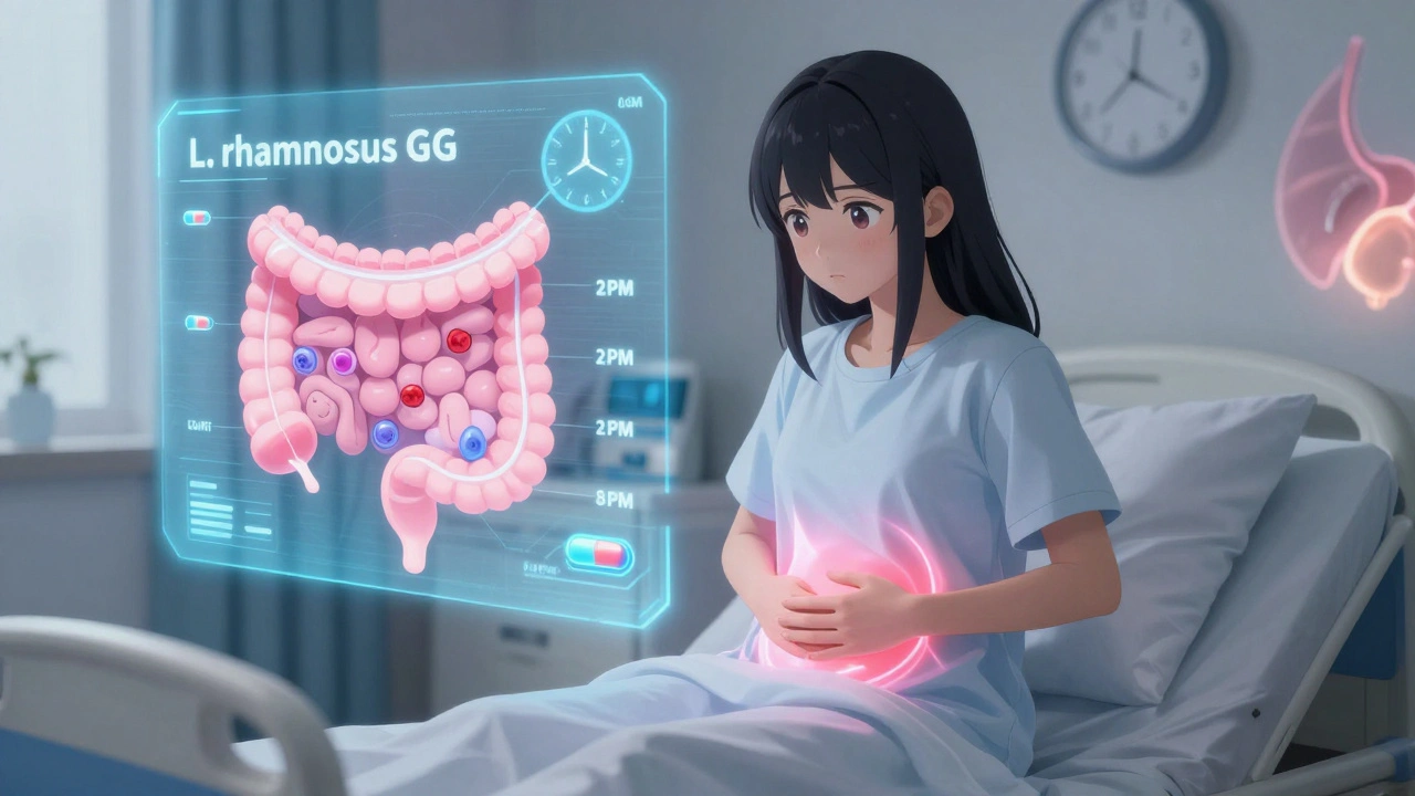 Hologramm zeigt Darmzellen, die sich regenerieren, Probiotika schweben daneben.