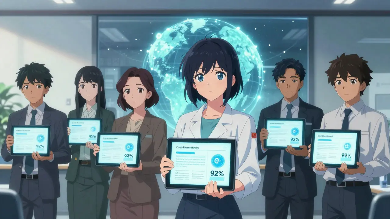 Internationale Experten in Genf bewerten Medikamente, während sich Scorecards und eine globale Karte um sie herum drehen.