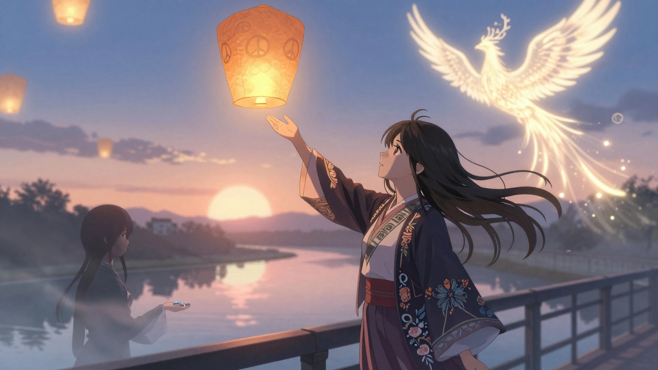 Junge Frau lässt Licht-Laterne steigen, Schatten der Vergangenheit verschwinden, Phönix steigt auf.