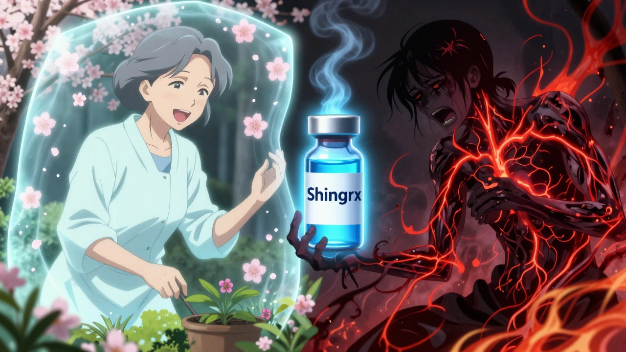 Kontrast: Eine glückliche ältere Frau im Garten mit Schutzschild vs. eine schmerzende Gestalt mit entzündeten Nerven.