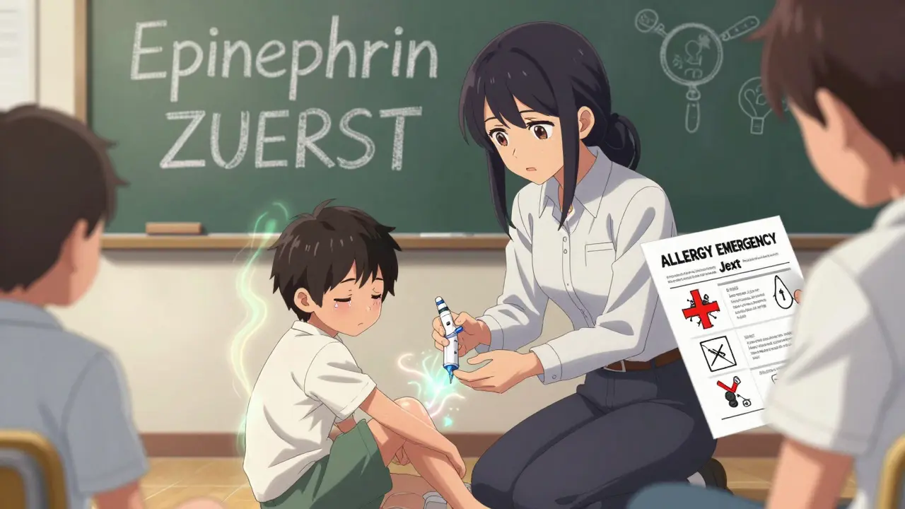 Lehrerin gibt einem Kind einen EpiPen im Klassenzimmer, Notfallplan an der Wand.