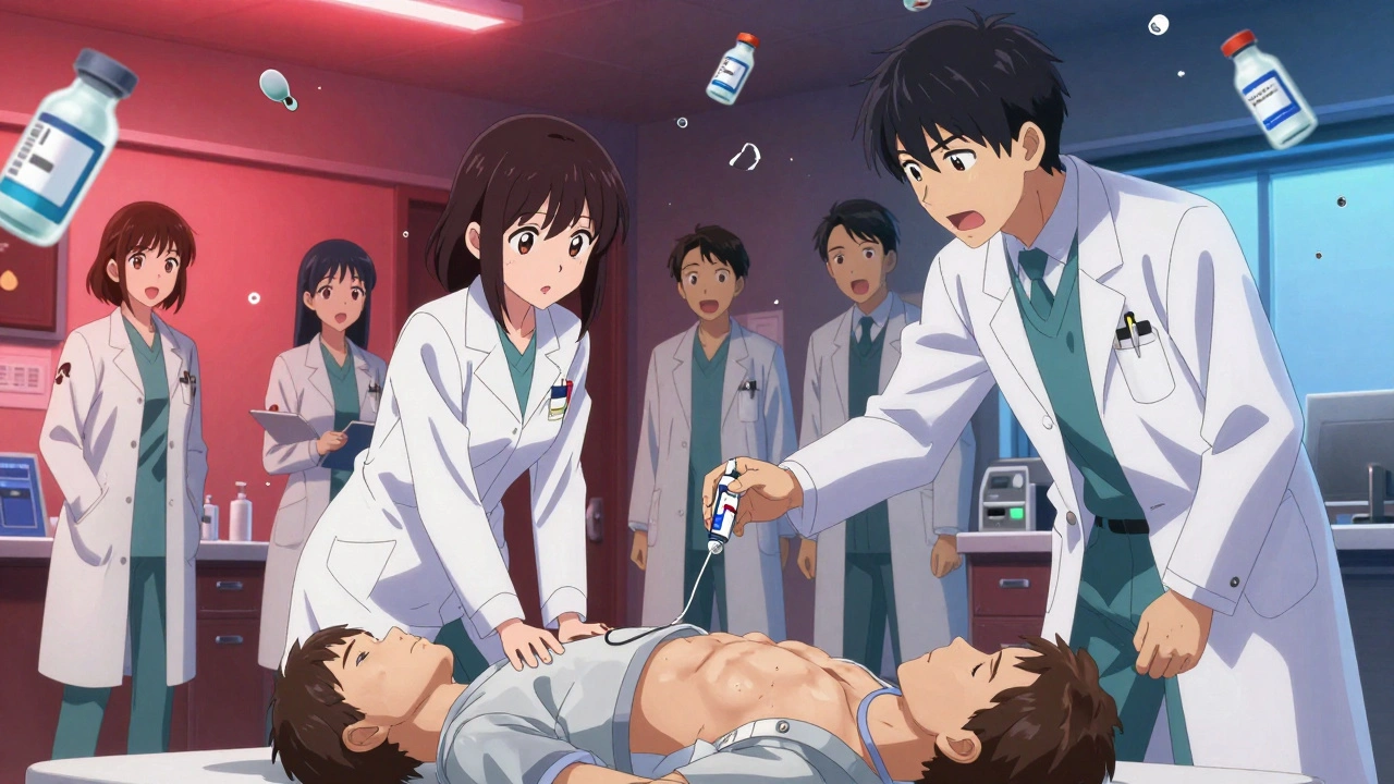 Medikationssimulationstraining: Pflegekräfte reagieren auf einen kollabierenden Patienten, mit zerbrechenden Warnsymbolen im Hintergrund.