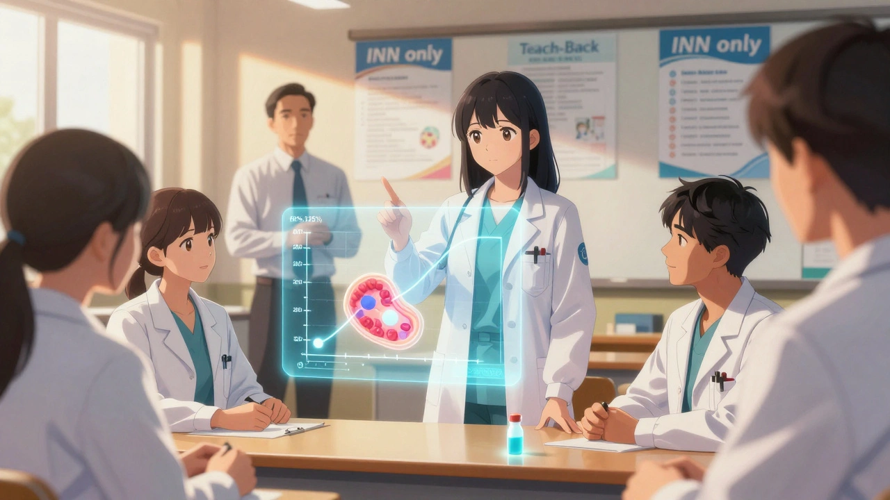 Medizinstudentin erklärt Bioäquivalenz mit holographischer Blutstrom-Darstellung vor Klassenkameraden.