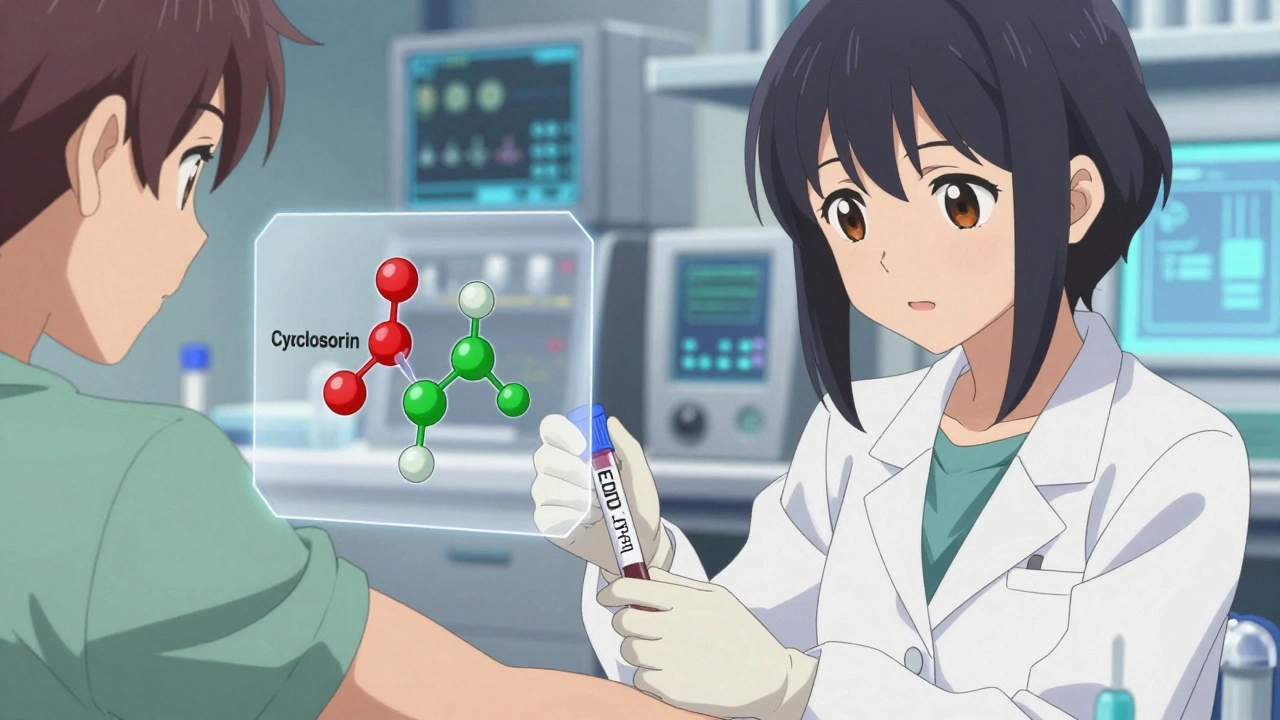 Medizintechnikerin entnimmt Blut mit EDTA-Röhrchen, molekulare Darstellung von Cyclosporin und Metaboliten als Overlay.