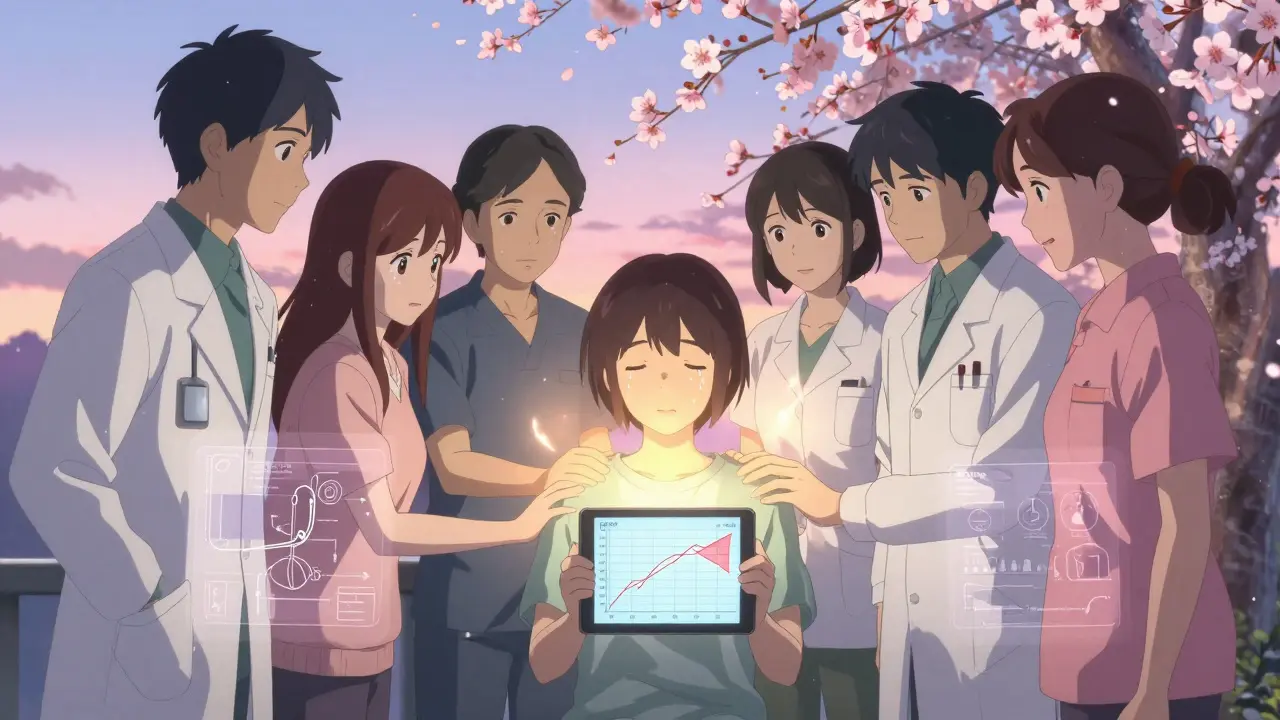 Mehrdisziplinäres Team um Patientin herum, Lichtstrahlen und Blüten als Symbol für Hoffnung und Zeit.