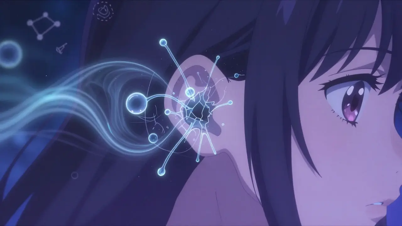 Mikroskopische Ansicht des Innenohrs mit zerbrochenen Haarzellen als glühende, zerbrechliche Strukturen.