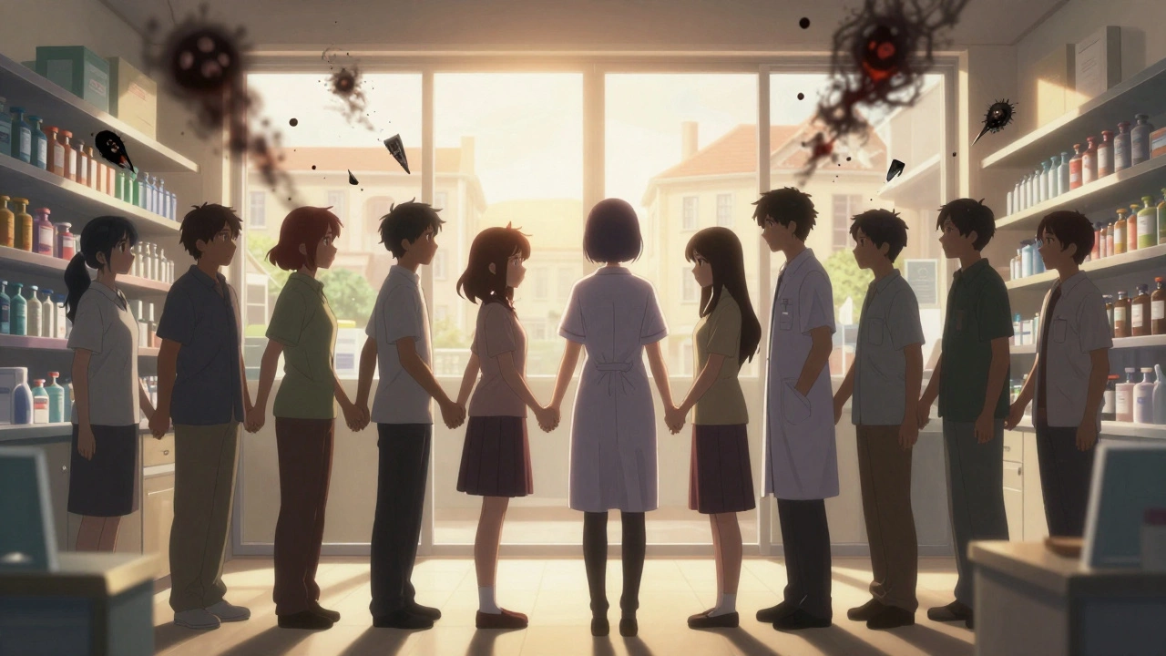 Patienten und Apotheker stehen gemeinsam in einem sicheren, lichtdurchfluteten Apothekenraum.