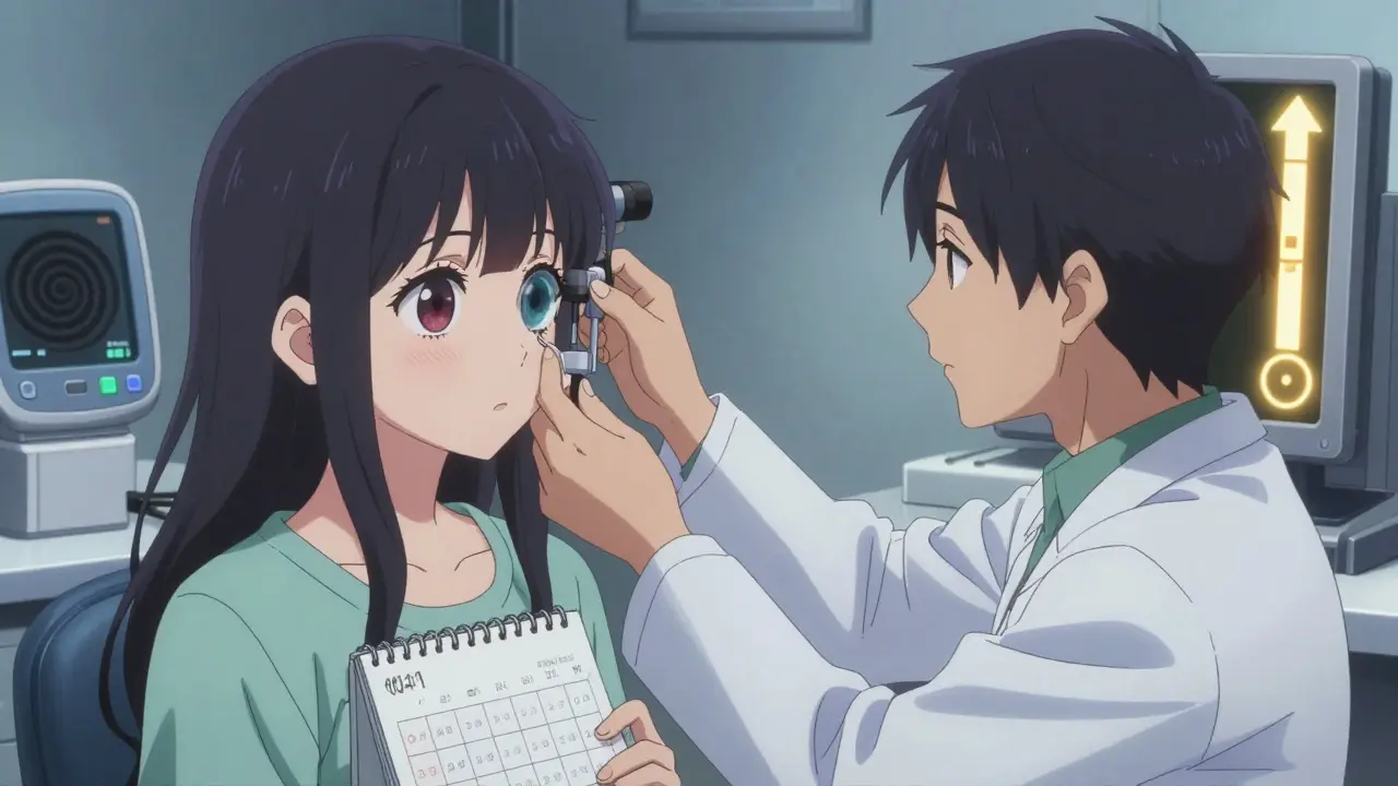 Patientin wird von Augenarzt untersucht, digitaler Druckwert steigt, Schatten einer Sehnerv-Schädigung erscheint.