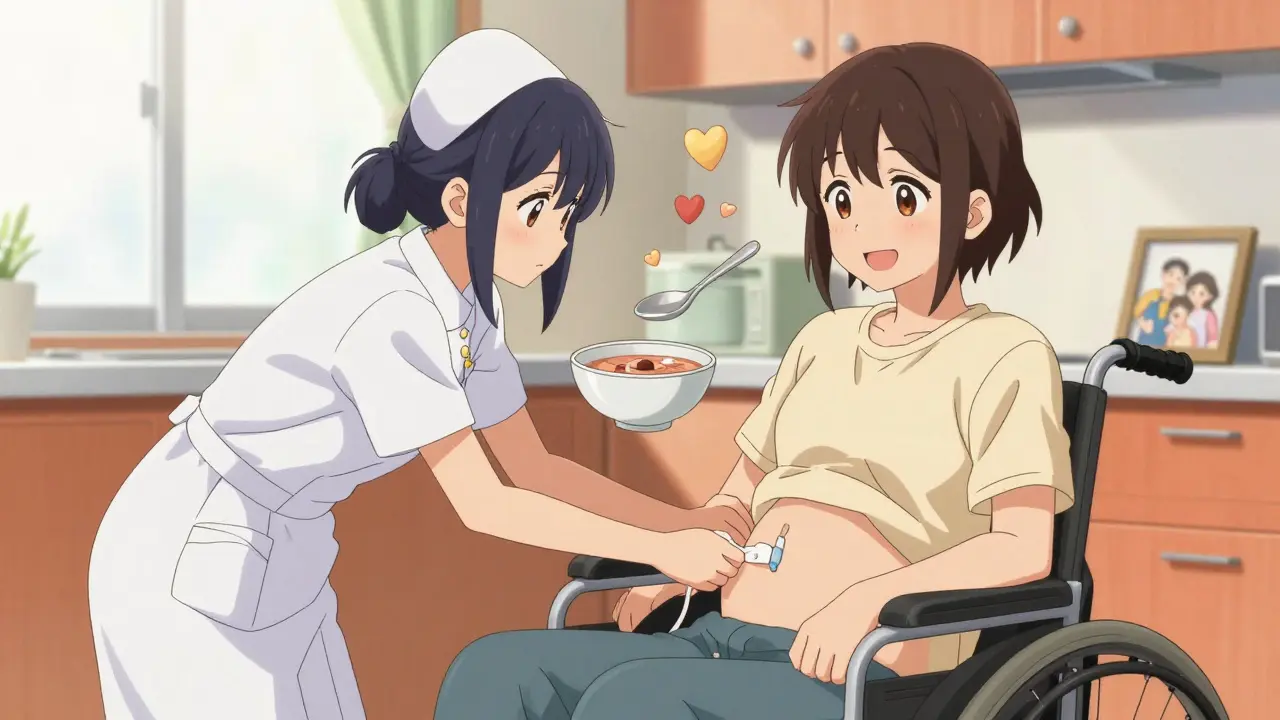 Pflegerin passt PEG-Sonde an, Patientin lacht im Rollstuhl, Essen und Familienfoto in der Umgebung.