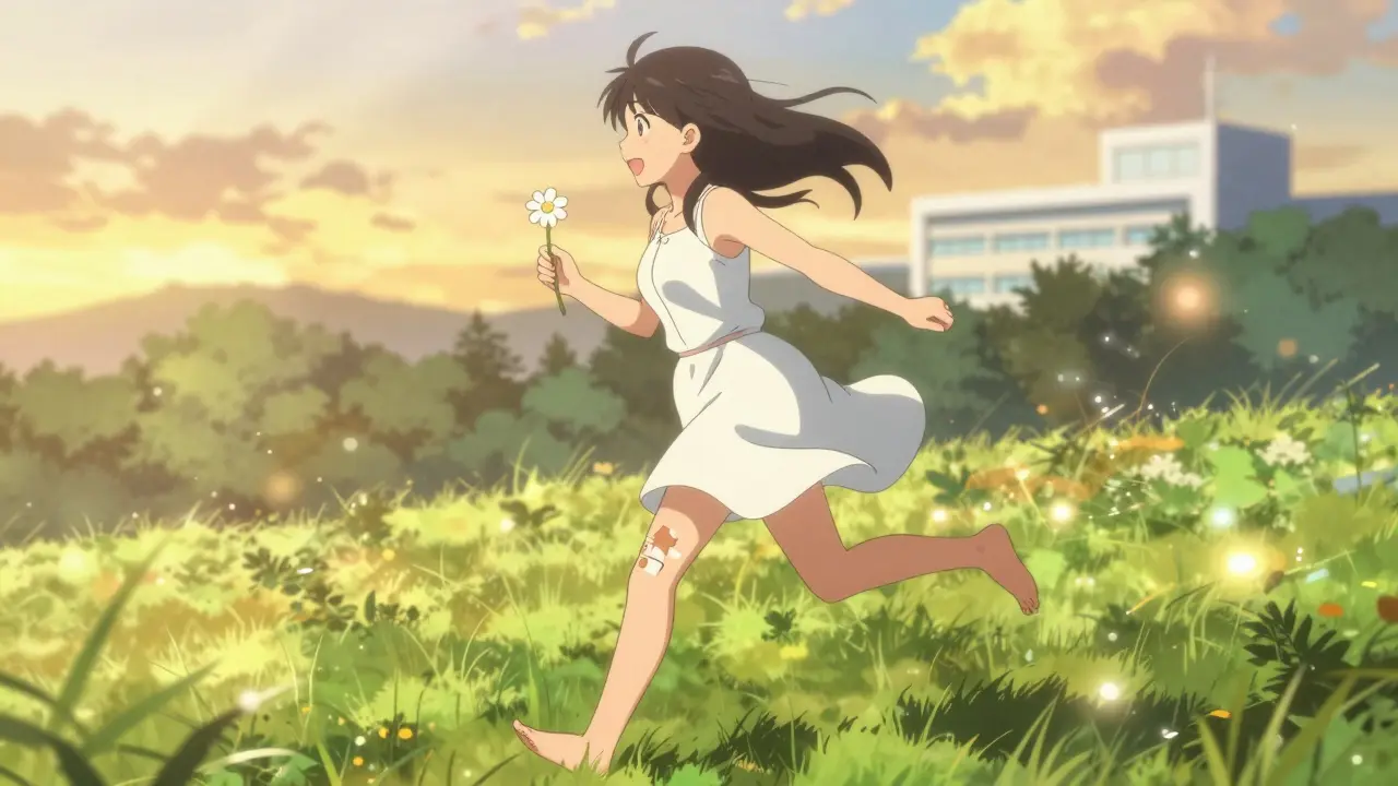 Transplantierte Frau läuft barfuß durch eine sonnige Wiese, strahlt Freiheit und Lebensfreude aus.