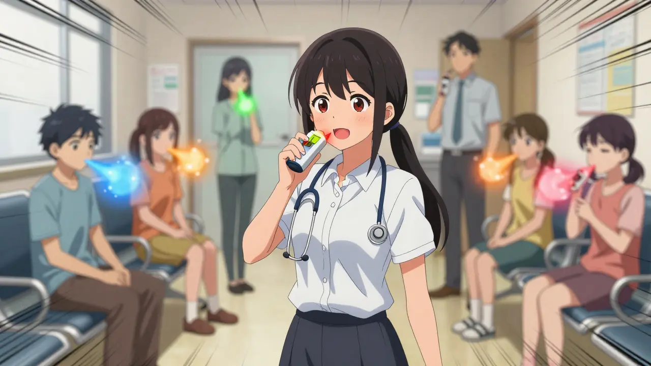 Verschiedene Patienten in einer Praxis, ihre Atemwege visualisiert als farbige Lichtpartikel.